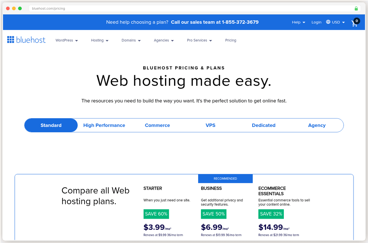 Bluehost pricing page showing renewal price increases