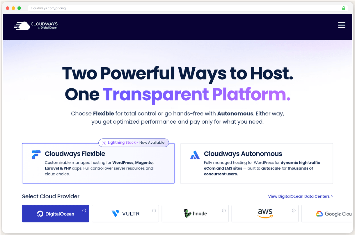 Cloudways pricing page showing multiple cloud provider options