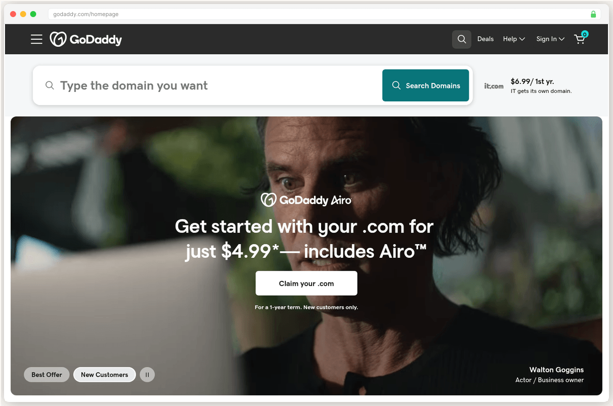 GoDaddy hosting dashboard showing shared hosting plans and features