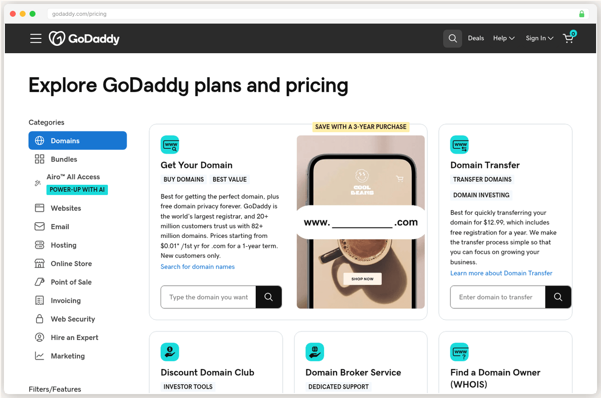 GoDaddy pricing page showing Economy at $5.99/mo with fine print about renewal rates