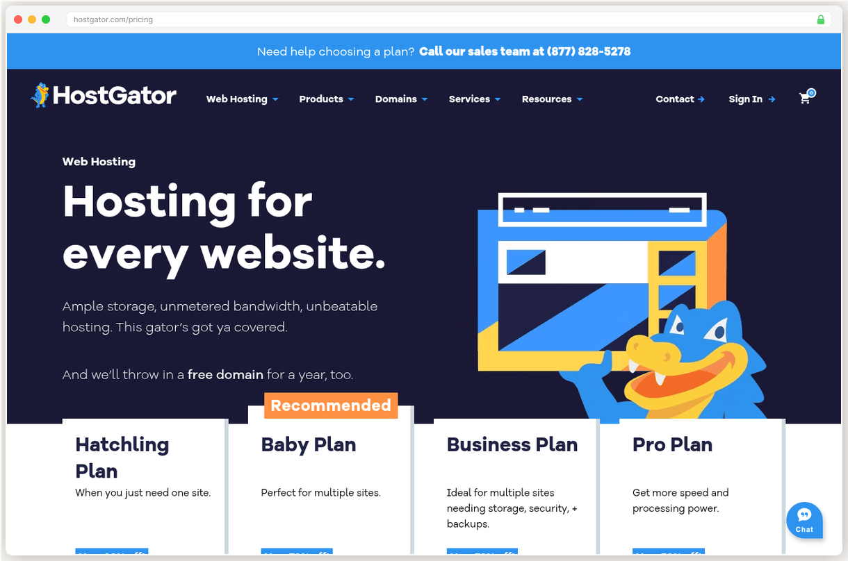 HostGator pricing page showing promotional rates and renewal pricing