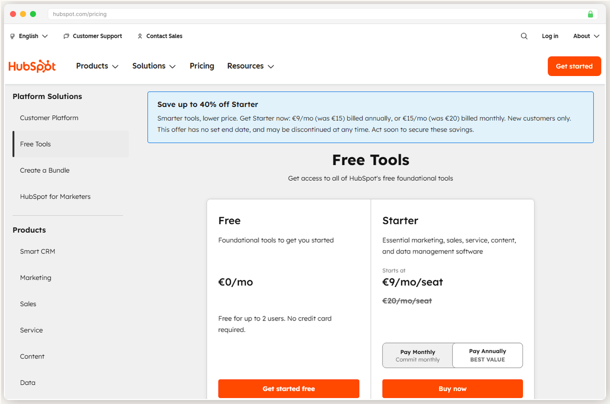 HubSpot pricing page showing the jump from free to Starter at $20 to Professional at $100 per seat