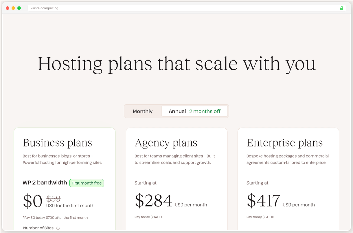 Kinsta pricing page showing managed WordPress hosting plans starting at $35 per month