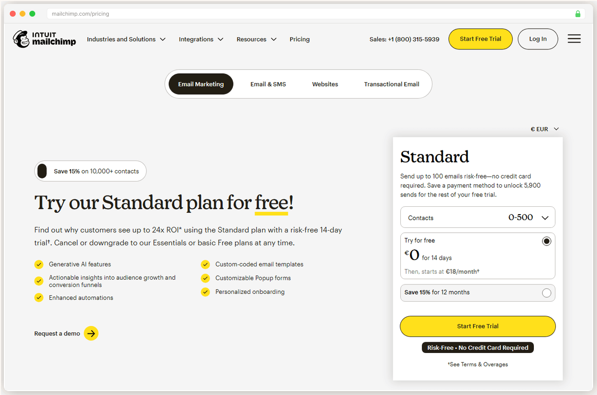 Mailchimp pricing page showing the new tier structure with significant price increases