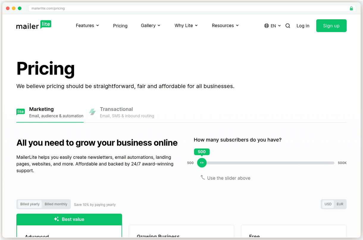 MailerLite pricing page showing Growing Business plan at $15/mo with automation included