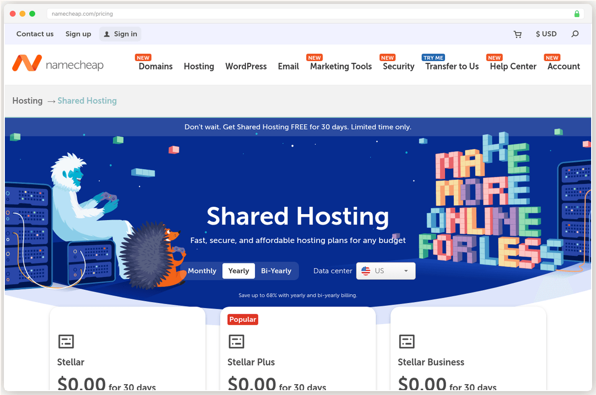 Namecheap pricing page showing the entry level plans and renewal rates