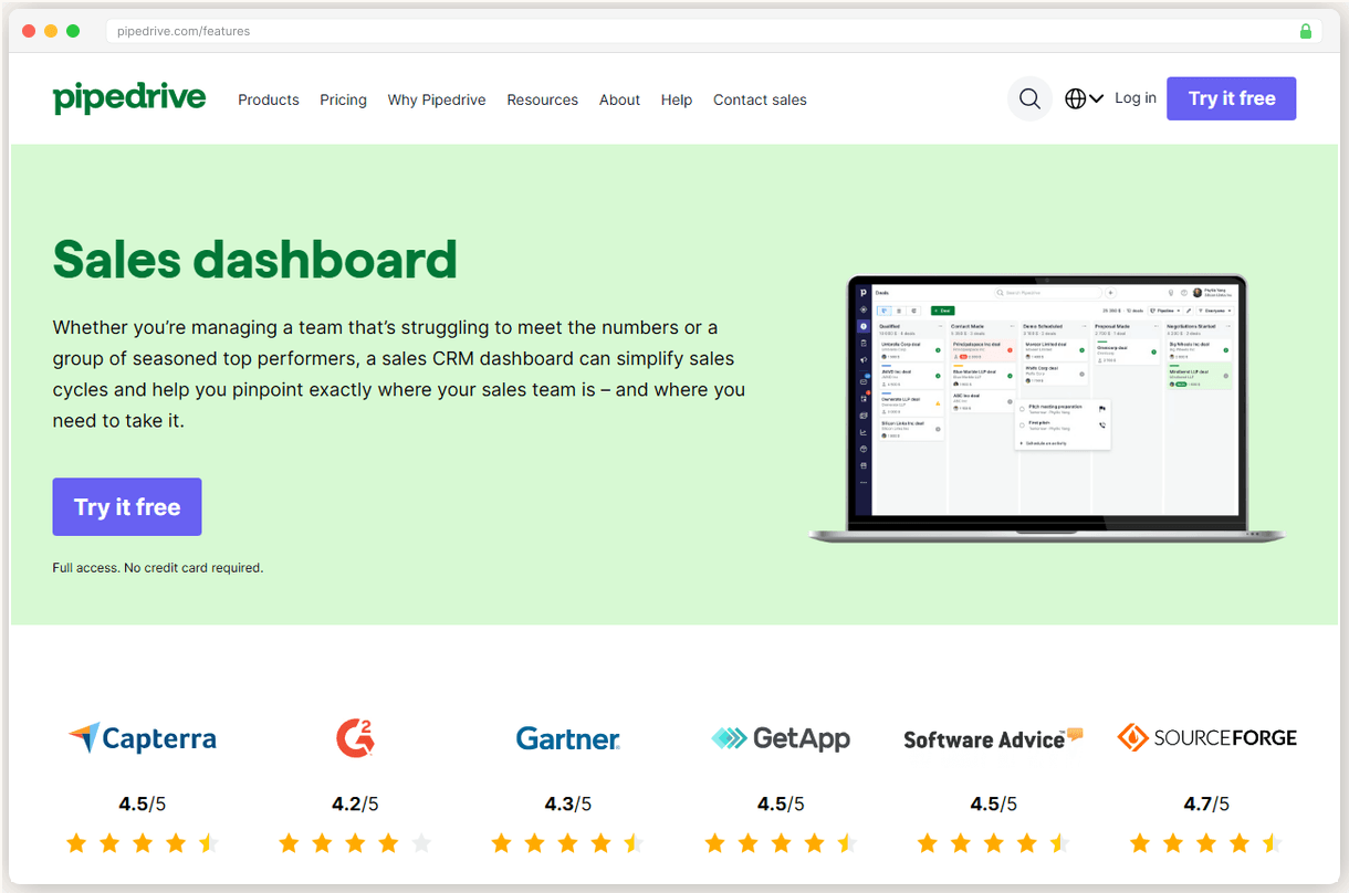 Pipedrive features dashboard showing the visual pipeline interface and deal management tools