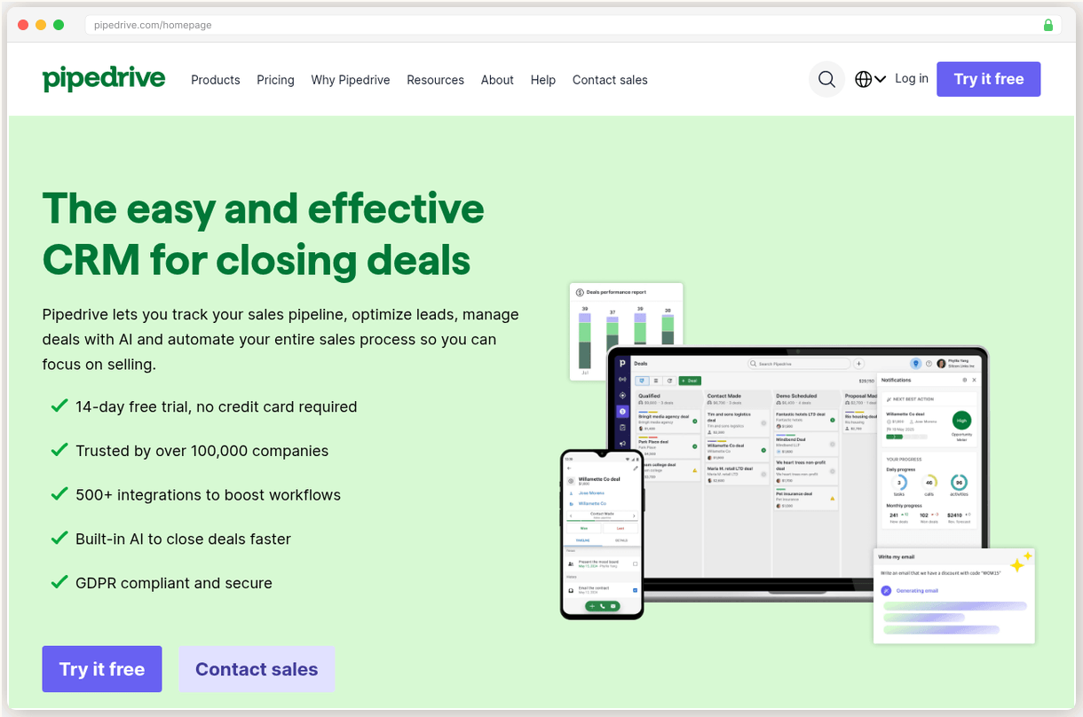 Pipedrive homepage showing their clean, visual pipeline interface