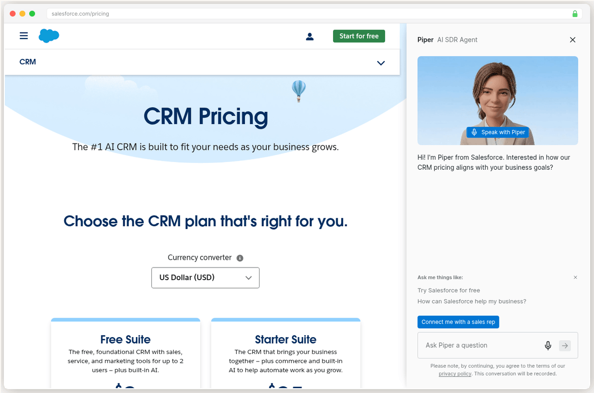 Salesforce pricing page showing Enterprise tier at $175/user/mo with implementation costs not included