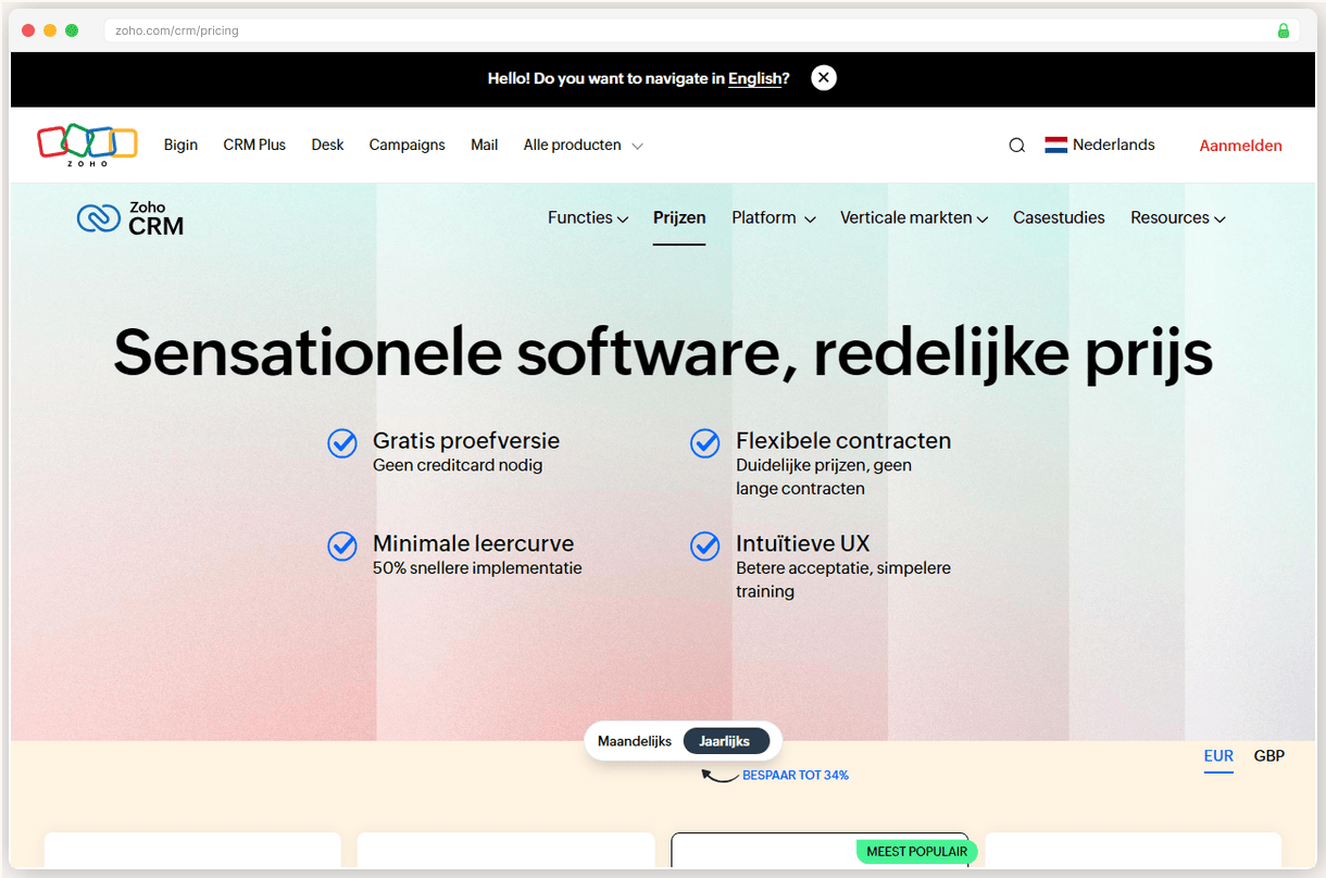 Zoho CRM pricing page showing the jump from Professional to Enterprise tiers